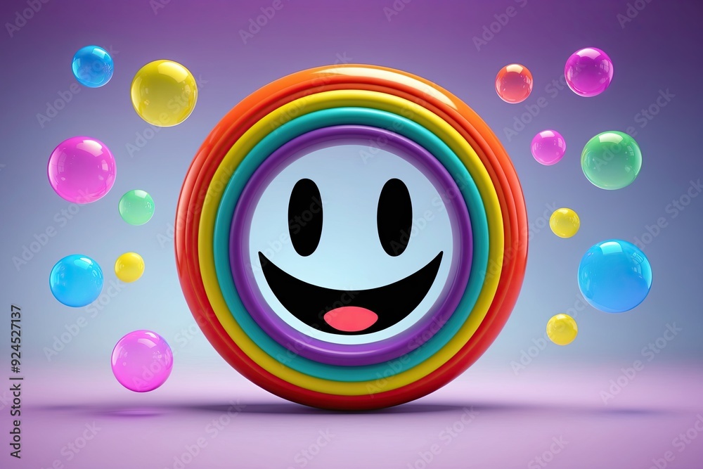 Naklejka premium Colorful 3D Rainbow Smiley Emoticon with Joyful Expression and Playful Bubbles