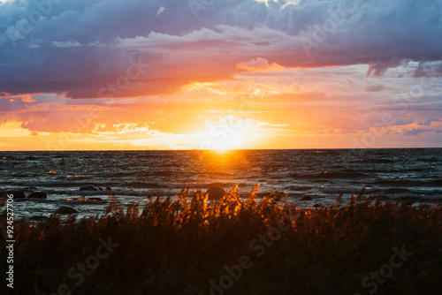 Sunset in the Baltic Sea when a storm begins. Estonian nature. photo