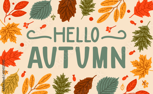 Vector lettering hello autumn with leaves for typography, design, sale