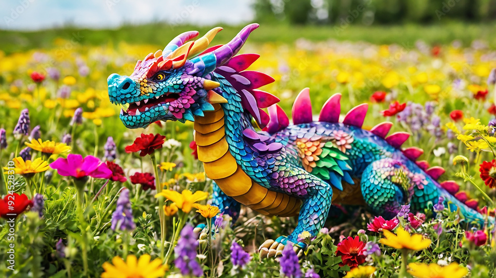 Fototapeta premium A playful dragon frolicking in a field of wildflowers, its colorful scales blending in with the vibrant blooms