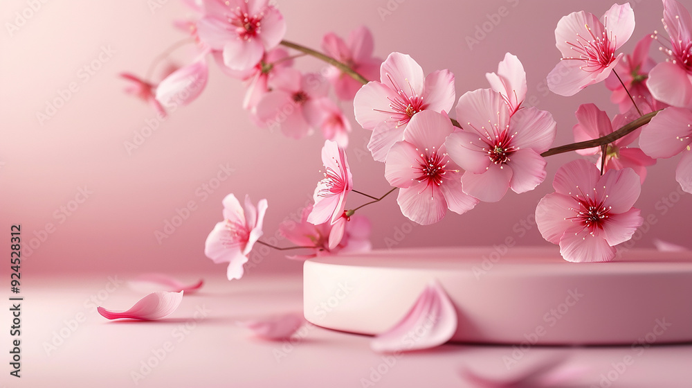 A Round Podium with a Branch of Sakura Cherry Blossoms A Round Podium with a Branch of Sakura Cherry Blossoms
