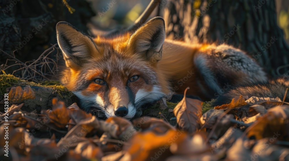 Naklejka premium A close-up view of a fox resting on the grassy terrain, with its fur blending in with the surroundings