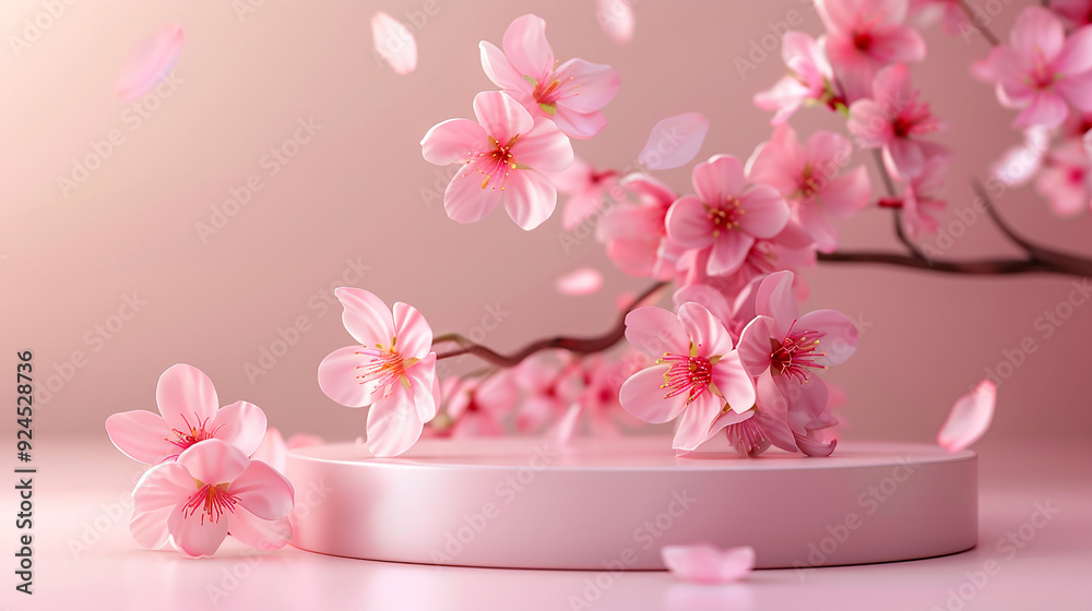 A Round Podium with a Branch of Sakura Cherry Blossoms A Round Podium with a Branch of Sakura Cherry Blossoms