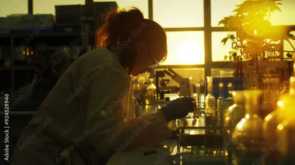 A Scientist Working in a Laboratory at Sunset A Scientist Working in a Laboratory at Sunset