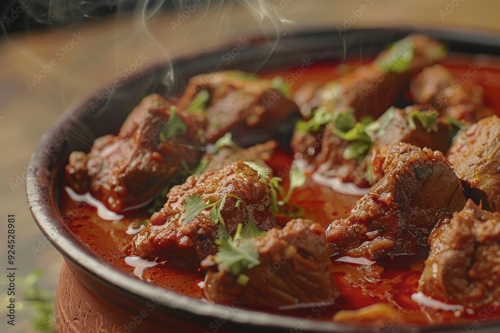 A close-up of tender meat in a rich, spicy sauce, garnished with fresh herbs. A close-up of tender meat in a rich, spicy sauce, garnished with fresh herbs.