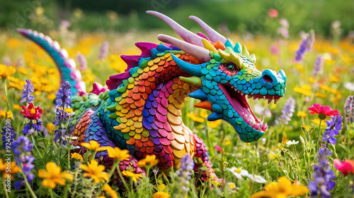 A playful dragon frolicking in a field of wildflowers, its colorful scales blending in with the vibrant blooms