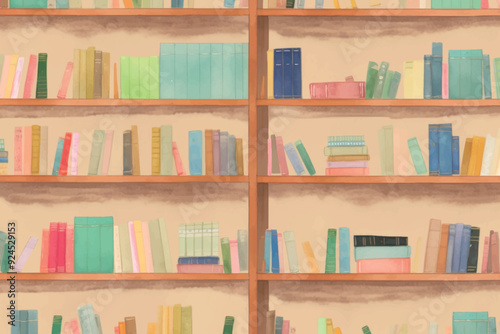 Colorful bookshelves with various books
