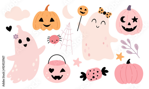 Halloween clipart. Pink Halloween clipart in cartoon flat style. Cute girly Halloween doodle. Hand drawn vector illustration.