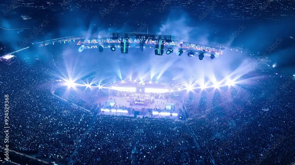 An expansive openair arena is transformed into a spectacular Kpop festival with fans lighting up the night with their flashlights.