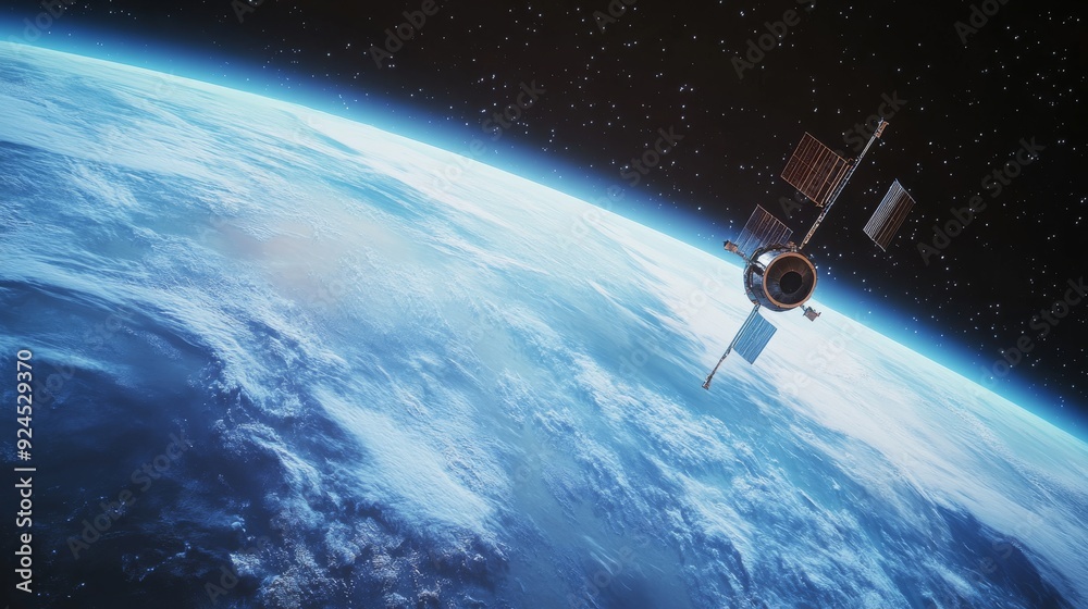 A satellite in orbit above the Earth, with lights shining on it and light beams extending to the continents below. A satellite in orbit above the Earth, with lights shining on it and light beams extending to the continents below.