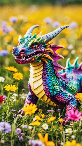 A playful dragon frolicking in a field of wildflowers, its colorful scales blending in with the vibrant blooms