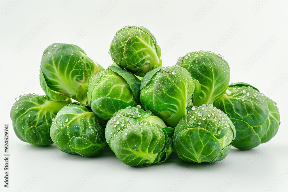 A cluster of fresh Brussels sprouts with water droplets on a white background. A cluster of fresh Brussels sprouts with water droplets on a white background.