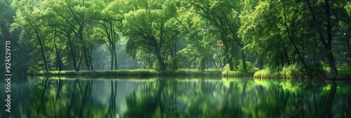 Impressive trees surrounding a tranquil lake mirror lush greenery in a calm and scenic environment.