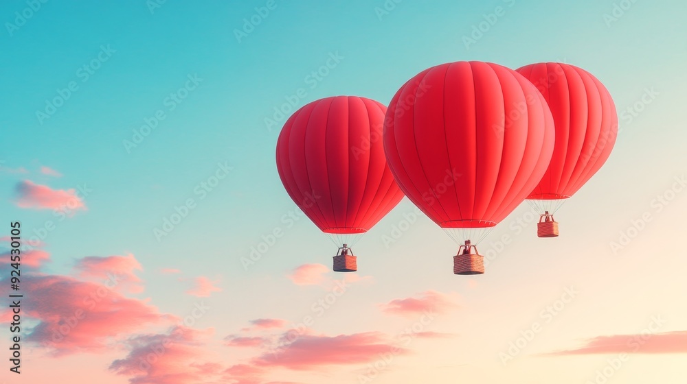 Fototapeta premium Hot air balloons, pastel hues, serene sky, peaceful sunrise, gentle clouds, floating adventure, calm atmosphere