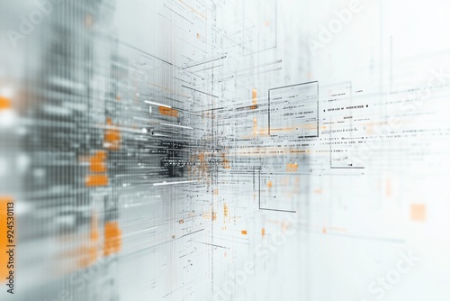 Abstract Representation of Artificial Intelligence: Overlapping Shapes and Code Snippets on a White Background, Concept of AI in 3D Rendering. photo