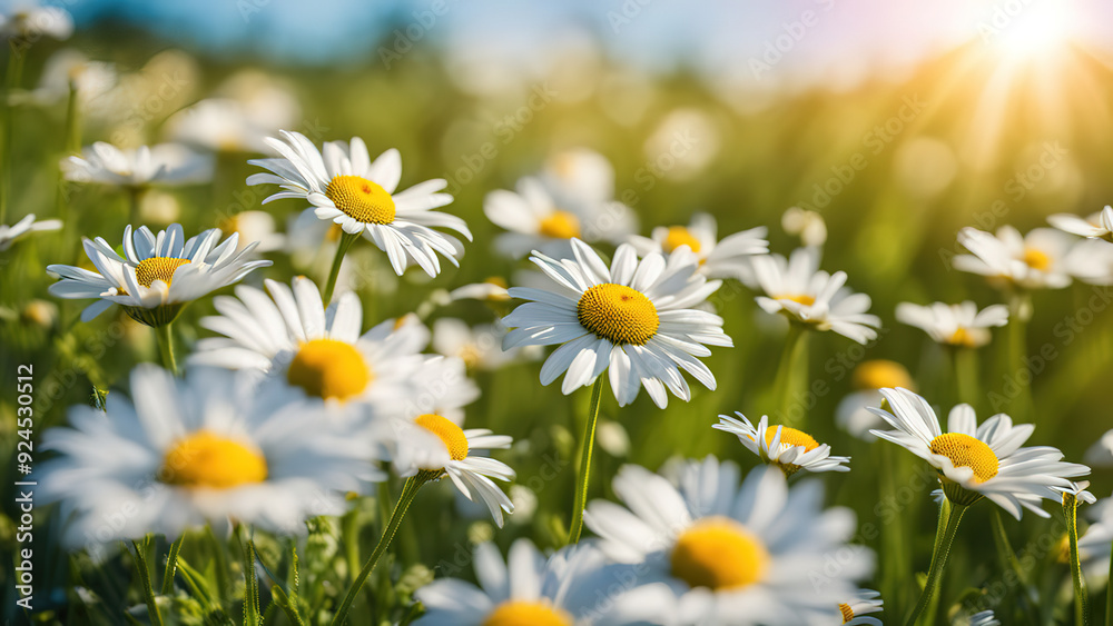 Fototapeta premium Close-up of white daisies with yellow centers in a green field with sun shining through.