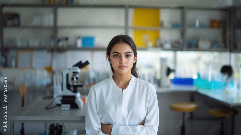 Young Woman Scientist in Lab Coat Standing in a Laboratory