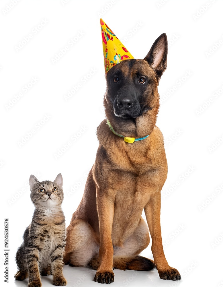 German Shepherd with Birthday Hat and Little orange Cat: Companions on White Background