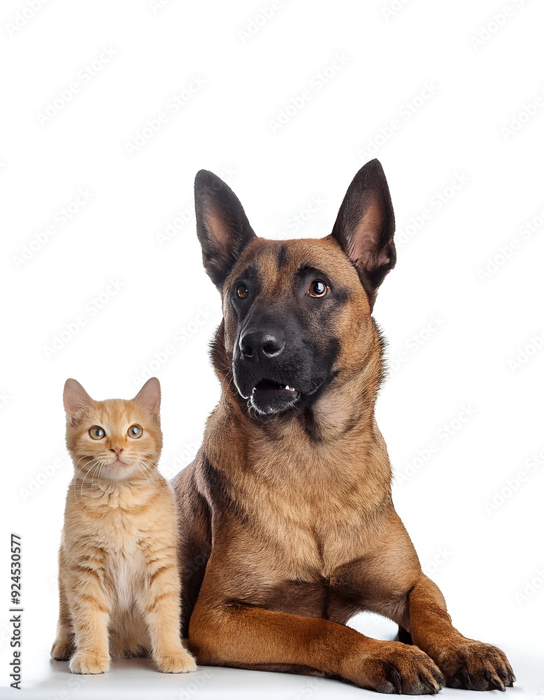 German Shepherd and Little orange Cat: Companions on White Background German Shepherd and Little orange Cat: Companions on White Background