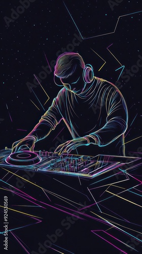 Abstract DJ with headphones mixing music at night. photo