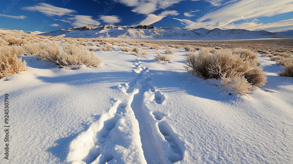Snowy tracks winding through the High Desert of California. Snowy tracks winding through the High Desert of California.