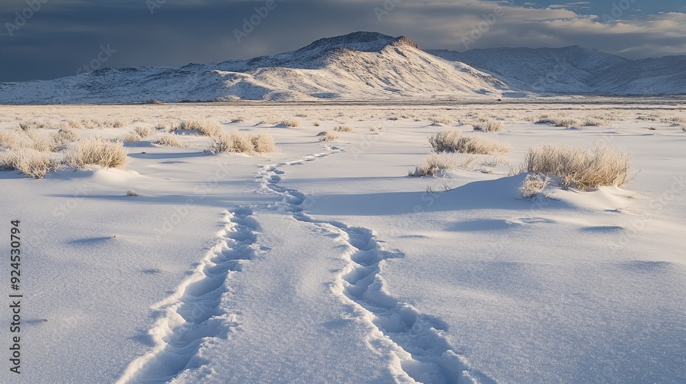 Snowy tracks winding through the High Desert of California. Snowy tracks winding through the High Desert of California.
