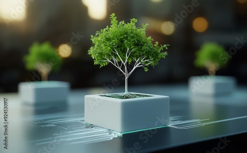Digital trees growing on cubes with circuit patterns, symbolizing nature and technology fusion