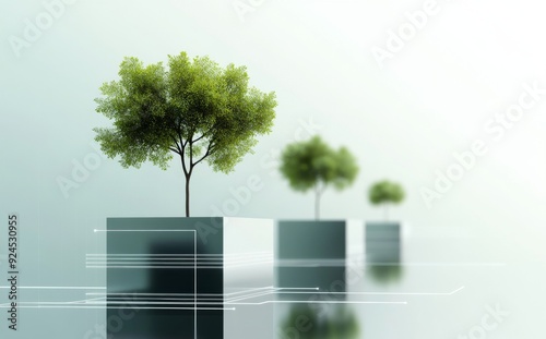 Digital trees growing on cubes with circuit patterns, symbolizing nature and technology fusion