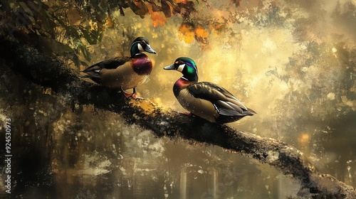 Wood Ducks perch on a tree.