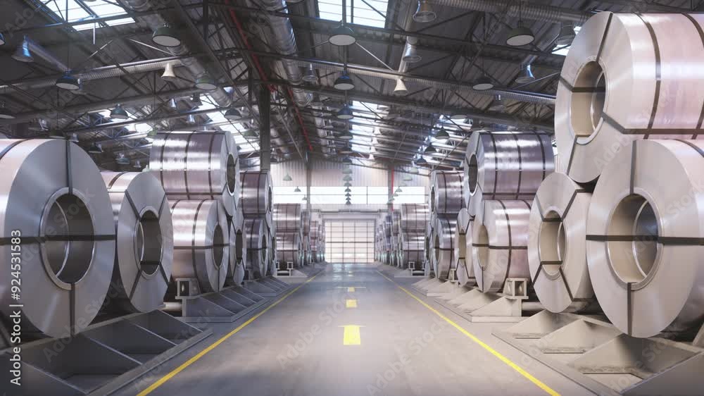 Rolled steel, metal rolls, Steel sheets rolled up into rolls stacked in warehouse. 3d