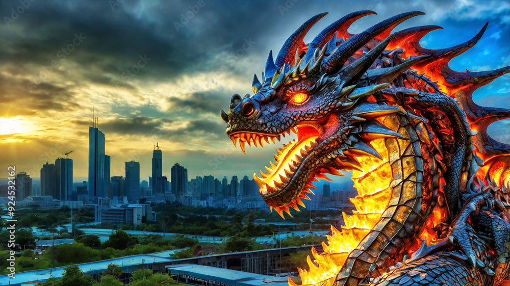 Fototapeta premium Enter a world where fire-breathing dragons and AI collide, merging metal and magic in epic fantasy