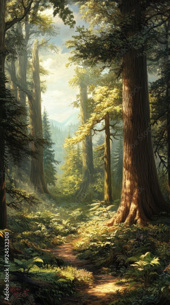 Fototapeta premium A serene forest pathway illuminated by soft sunlight, surrounded by towering trees and lush greenery