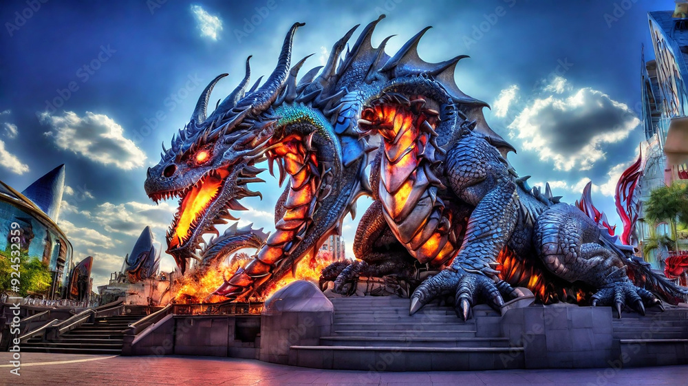 Fototapeta premium Enter a world where fire-breathing dragons and AI collide, merging metal and magic in epic fantasy