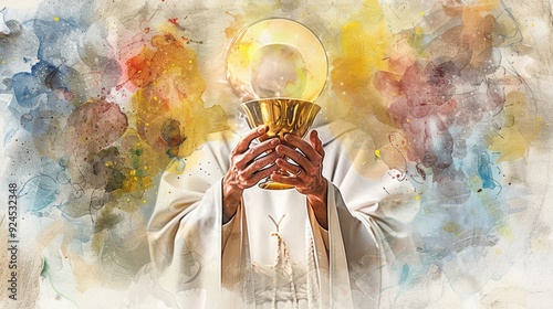 Photo of the Eucharist, Body of Christ, Hand holding Holy Chalice on Watercolor Background. Digital Illustration.