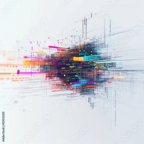 Abstract Representation of Artificial Intelligence: Overlapping Shapes and Code Snippets on a White Background, Concept of AI in 3D Rendering. photo