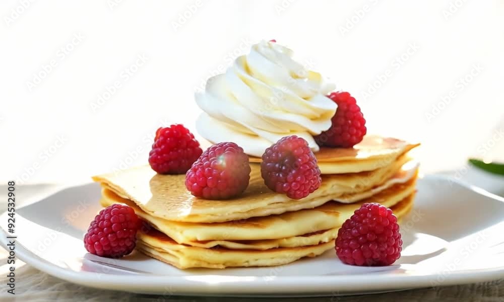 stack of delicious crêpes on a plate with raspberries and whipped cream on top, clear background stack of delicious crêpes on a plate with raspberries and whipped cream on top, clear background