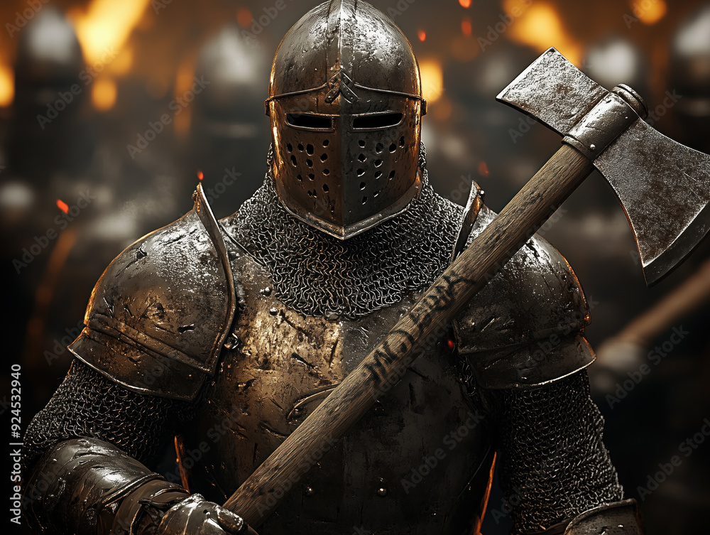 Medieval warrior posing with axe on battlefield at night Medieval warrior posing with axe on battlefield at night