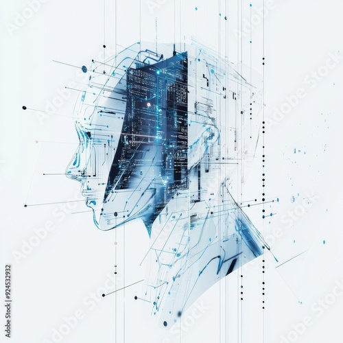 Abstract Representation of Artificial Intelligence: Overlapping Shapes and Code Snippets on a White Background, Concept of AI in 3D Rendering. photo