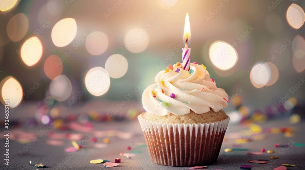 Cupcakes with white frosting and colorful sprinkles topped with lit candle festive setting with blurred background, birthday celebration, party dessert, cupcake with candle Cupcakes with white frosting and colorful sprinkles topped with lit candle festive setting with blurred background, birthday celebration, party dessert, cupcake with candle
