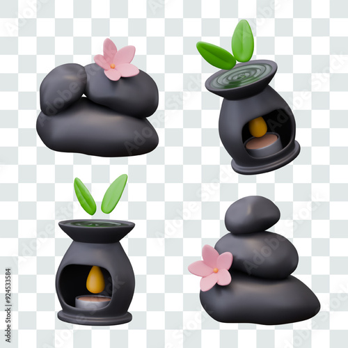 Stack of stones with flower, aroma lamp. Realistic vector elements in different positions