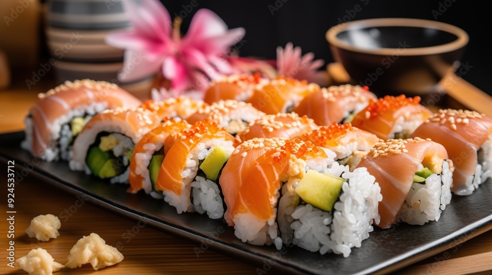 Delicious salmon sushi roll set on plate in restaurant background. Fresh and healthy seafood illustration. Delicious salmon sushi roll set on plate in restaurant background. Fresh and healthy seafood illustration.