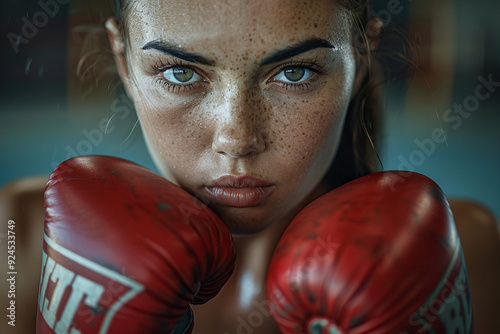 Cropped portrait of strong woman wearing red boxing gloves. Women workout, motivation, lifestyle. Generated by artificial intelligence