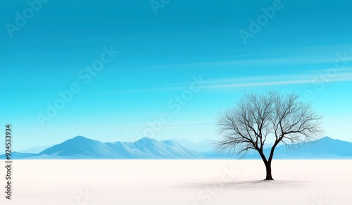 Minimalist illustration of an isolated tree in a white desert with distant mountains and clear sky