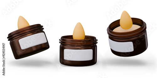 Brown jar of wax. Cosmetic product with flavored ingredients. Vector model with drop of liquid