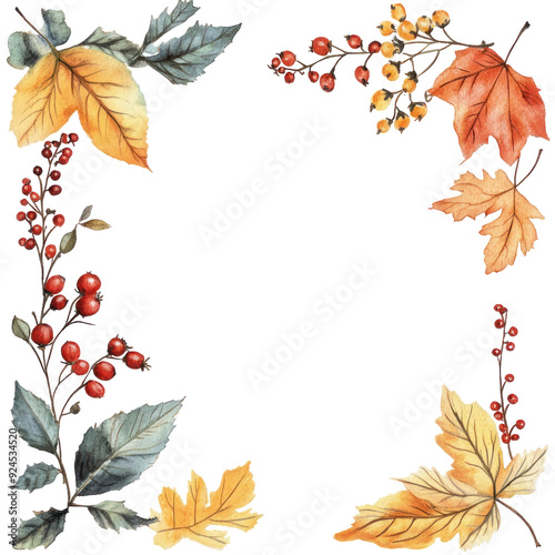 Autumn Leaves and Berries Watercolor Illustration