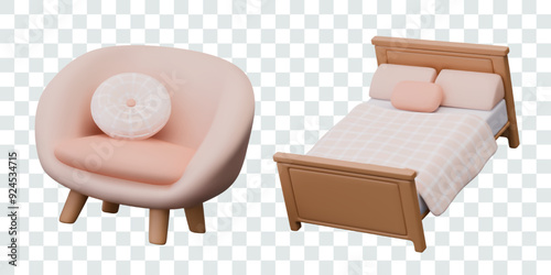 Set of realistic furniture for cozy bedroom. Armchair with soft upholstery and pillow, double bed