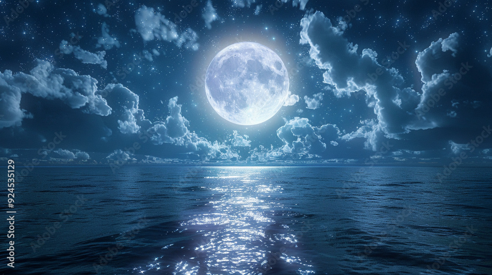 Fototapeta premium Serene midnight seascape with full moon casting ethereal glow on dark water, reflecting celestial lights in endless horizon