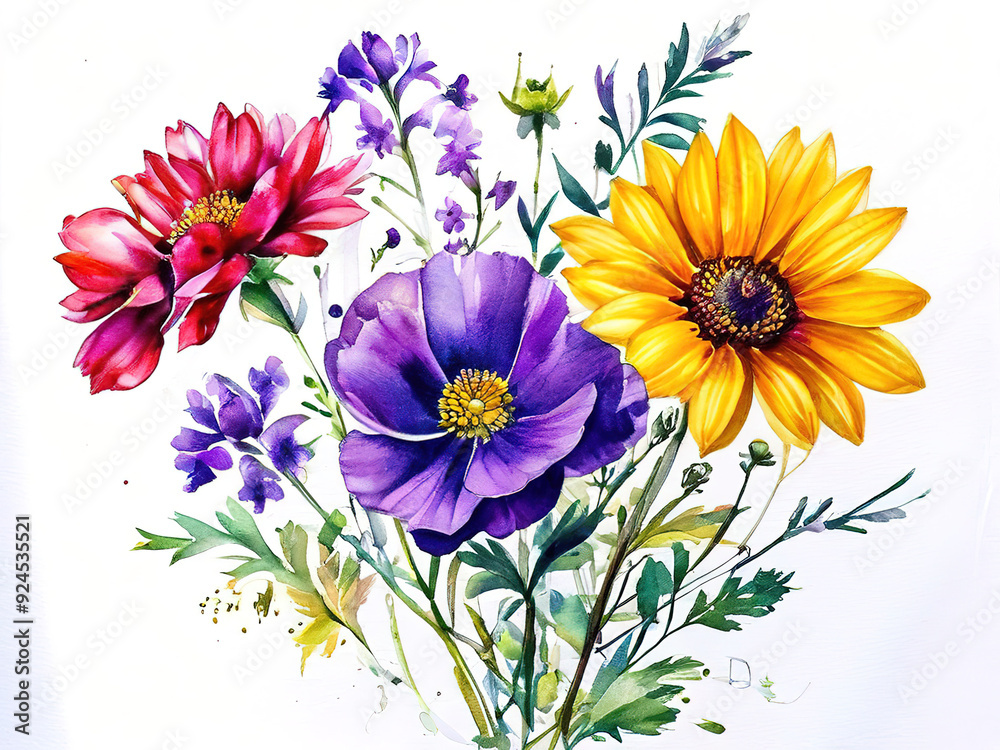 Watercolor painting of a bouquet with a sunflower, purple flower, and pink flower.