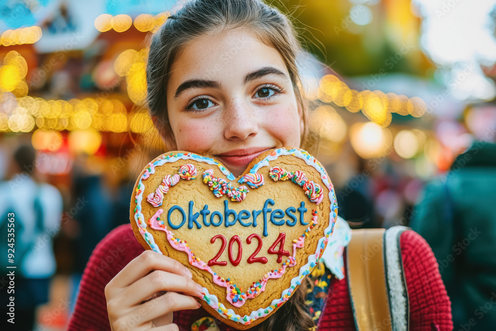 A close-up of a fair-skinned, blonde girl happily holding a traditional gingerbread heart cookie, representing the festive spirit of Oktoberfest 2024. A close-up of a fair-skinned, blonde girl happily holding a traditional gingerbread heart cookie, representing the festive spirit of Oktoberfest 2024.