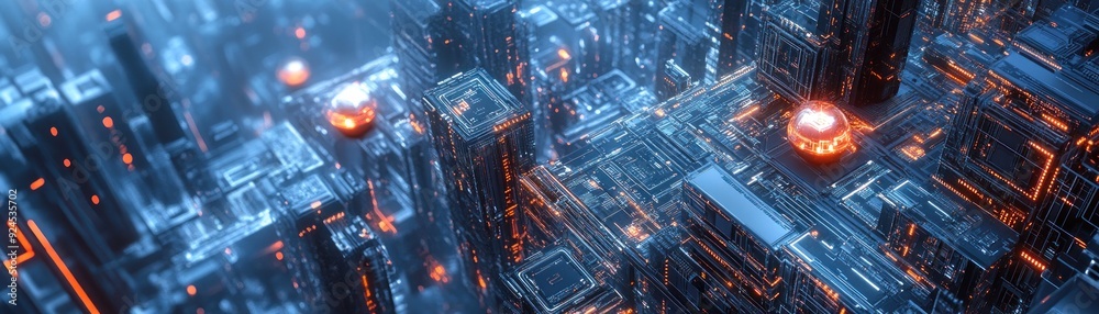 Futuristic Cityscape with Illuminated Towers and a Central Sphere